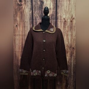 Woolrich Cabernet 100% Wool Chunky Sweater Floral Embelished Womens LP